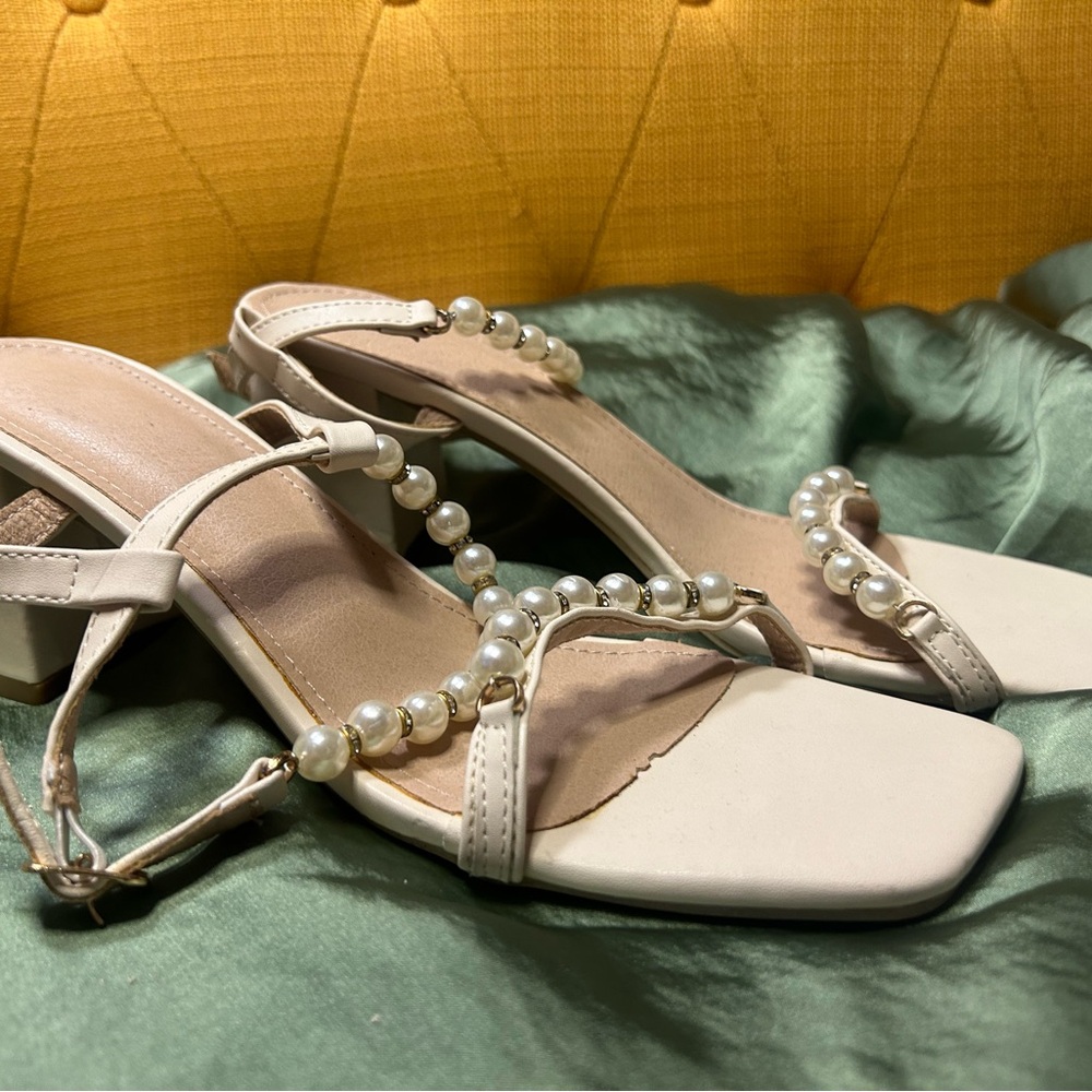Cream Kitten Heel Sandals with Pearl Embellishments